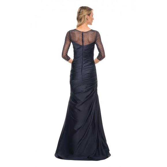 $558 La Femme 30138 Navy Blue Satin Ruched Trumpet Illusion Gown 12 NEW - Picture 2 of 16